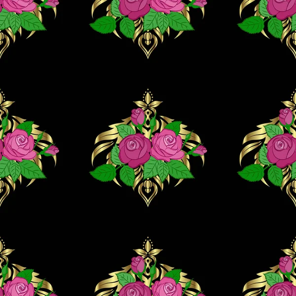 Vektornahtloses Muster Auf Schwarzem Hintergrund Schöne Aquarell Rosenblüten Und Grüne — Stockvektor