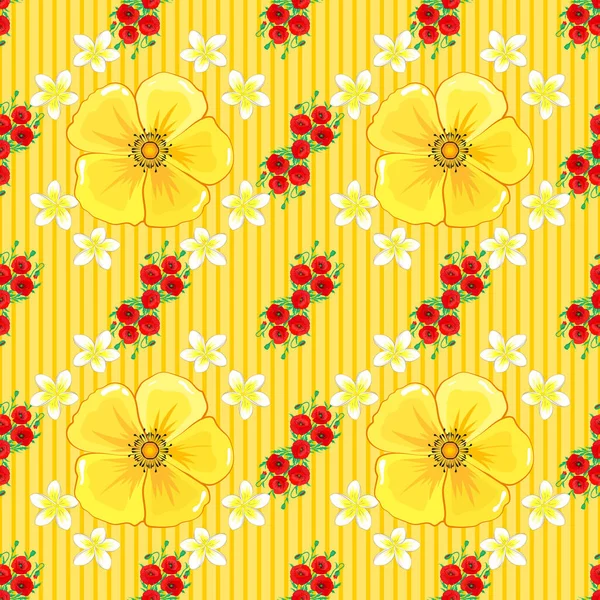Sarı Arka Planda Sevimli Kozmos Çiçekleriyle Kusursuz Vektör Deseni Çiçek — Stok Vektör