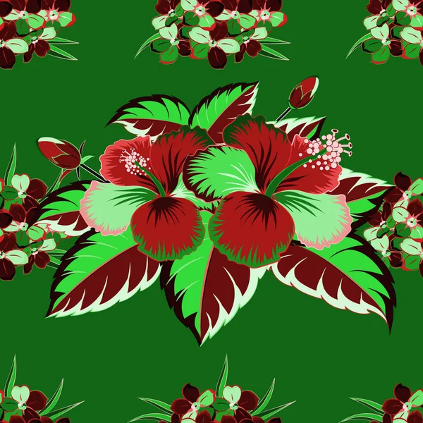 Vector Hibiscus Bloemen Knoppen Retro Naadloze Patroon Illustratie Groen Rood — Stockvector