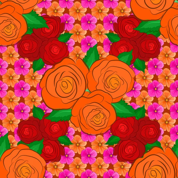 Rote Magenta Und Orangefarbene Rosen Mit Grünen Blättern Trendy Vektor — Stockvektor