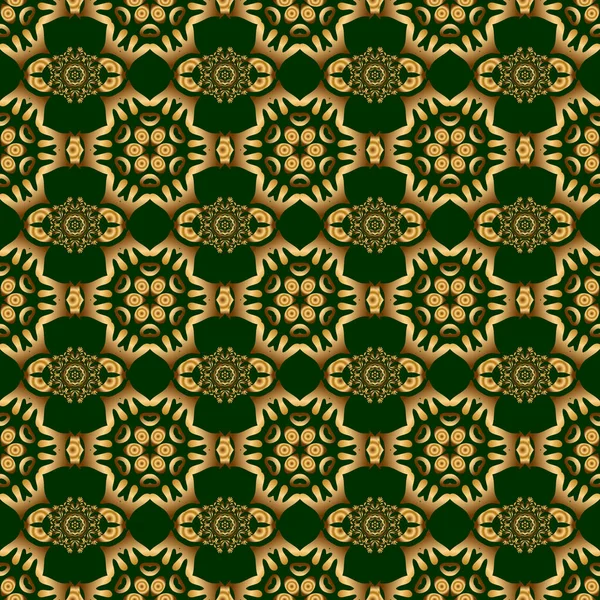 ラスターイラスト 緑の背景に波を様式化した黄金の装飾の豪華なシームレスなパターン — ストックベクタ