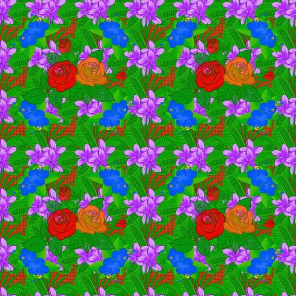 Vector Floral Print Violet Green Colors Couper Les Fleurs Roses — Image vectorielle