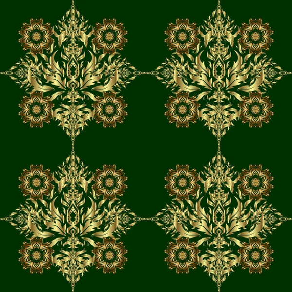 Ornamento Vintage Verde Dourado Padrão Sem Costura — Vetor de Stock