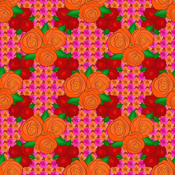 Trendiges Rasternahtloses Blumenmuster Rote Magenta Und Orangefarbene Rosen Mit Grünen — Stockvektor