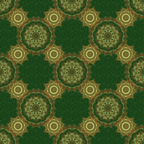 纺织品 室内装饰 绿色背景上手工制作的向量金元素 老式无缝花纹 — 图库矢量图片
