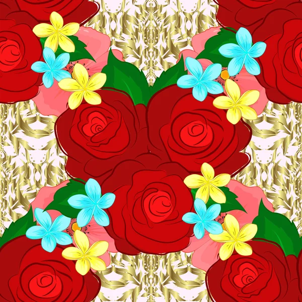 水彩花背景 用于床上用品 夹克衫 包装设计 面料和时尚概念的纺织品印花 有玫瑰花 金绿叶 米色背景的病媒无缝图案 — 图库矢量图片