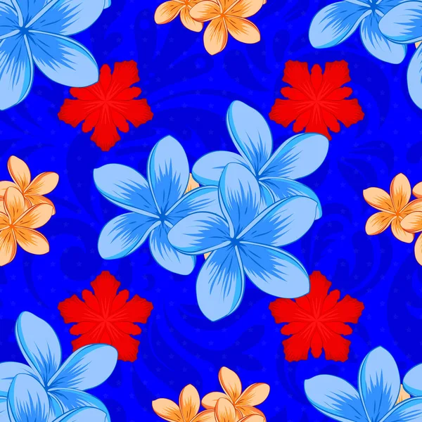 重复病媒水仙花模式 蓝色背景的现代莫特利花无缝图案 花色印刷 — 图库矢量图片