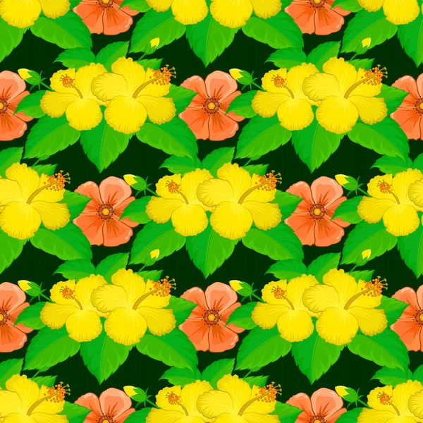 Modny Nadruk Akwarelowymi Kwiatami Hibiskusa Zielonym Tle Piękny Bezszwowy Wzór — Wektor stockowy