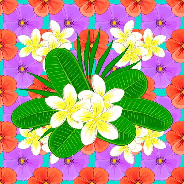 Vector Seamless Background Beautiful Watercolor Plumeria Flowers Blue Background Bright — Stock Vector