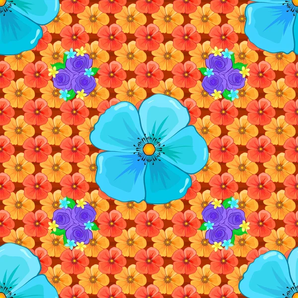 Nahtloses Muster Mit Dekorativen Sommerblumen Blauen Gelben Und Orangefarbenen Farben — Stockvektor