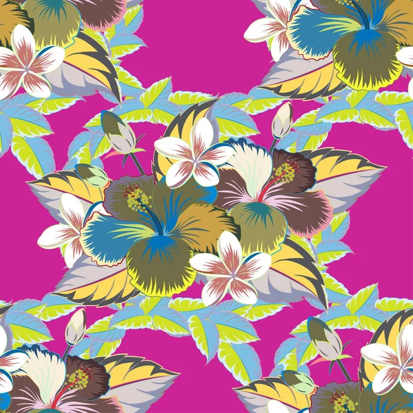 Fleurs Hibiscus Gris Magenta Bleu — Image vectorielle