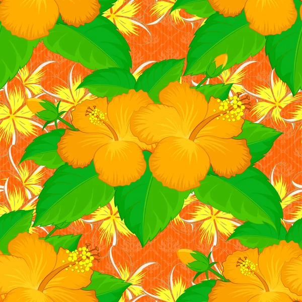 Modello Senza Cuciture Con Fiori Ibisco Decorativi Estivi Sfondo Arancione — Vettoriale Stock