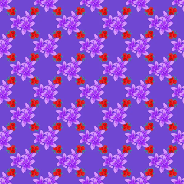 Raster Seamless Background Pattern Stylized Plumeria Flowers Leaves Violet Background — Stock Vector