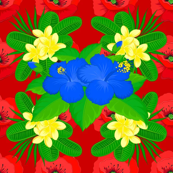 Vector Hibiscus Blume Nahtloses Muster Auf Rotem Hintergrund — Stockvektor