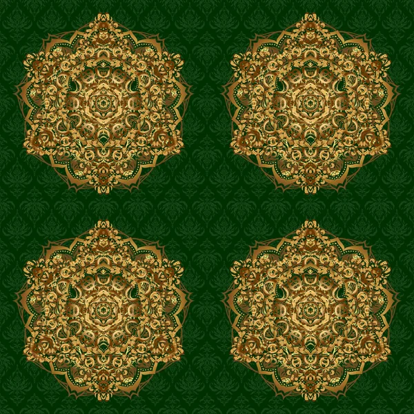 Goldfarbenes Rundes Mandala Auf Grünem Hintergrund Für Textilien Einladungen Banner — Stockvektor