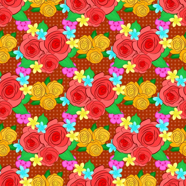 ピンク オレンジ 黄色で様式化されたバラの花と緑の葉を持つベクトルシームレスな背景パターン — ストックベクタ