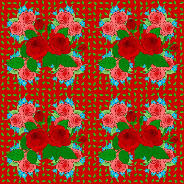 Vektorový Květinový Tisk Červeném Pozadí Roztomilé Růžové Květy Zelené Listy — Stockový vektor