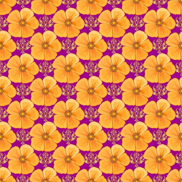 Sarı Turuncu Mor Renklerde Sevimli Kozmos Çiçekleriyle Kusursuz Desen Raster — Stok Vektör