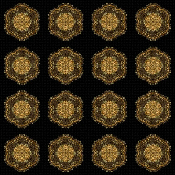 Vector Seamless Pattern Tile Mandalas Hand Drawn Sketch Black Background — Stock Vector