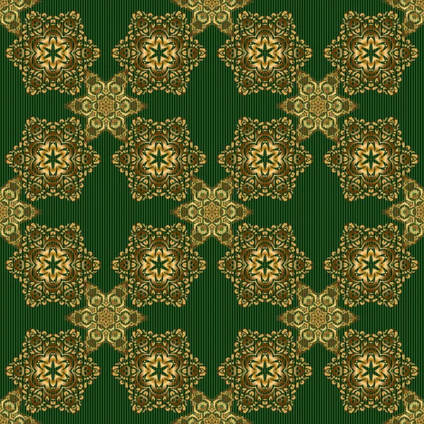 イスラムのベクトルデザイン 花のタイル シームレスなパターン東洋の装飾 緑と金色の織物 Print — ストックベクタ