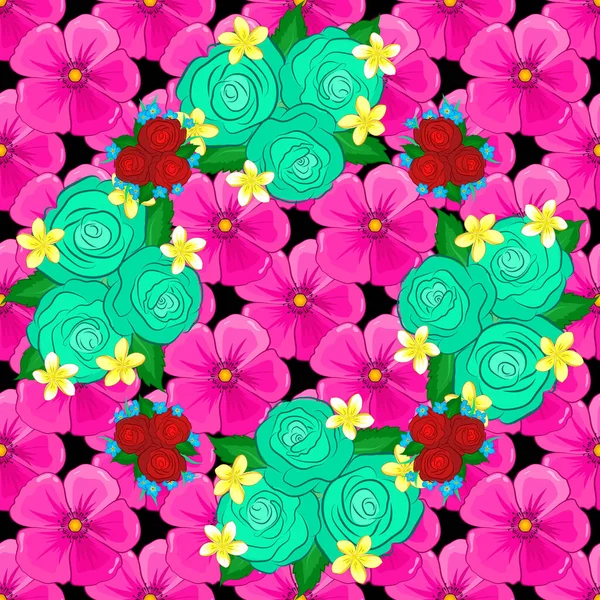 植物无缝图案 矢量图解 带有绿色 洋红色和粉色的抽象可爱的宇宙花朵 — 图库矢量图片