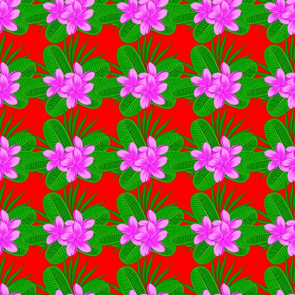 Vektor Sömlöst Mönster Röd Bakgrund Vacker Akvarell Plumeria Blommor Ljus — Stock vektor