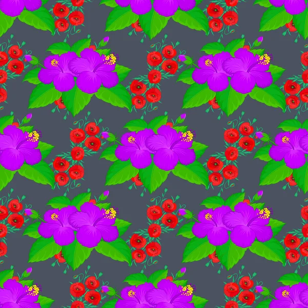 Vektornahtloser Hintergrund Schöne Hibiskusblüten Aquarell Auf Grauem Hintergrund Helle Malerei — Stockvektor