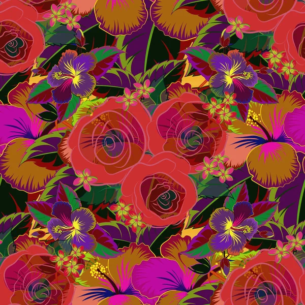 Vector Purple Orange Red Rose Flowers Seamless Pattern — Stock Vector