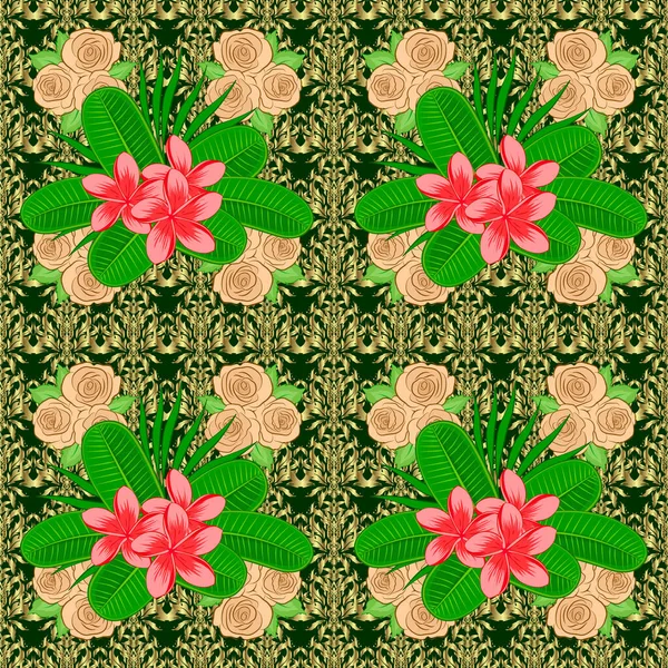 Raster Seamless Floral Pattern Plumeria Flowers Leaves Green Background — Stock Vector