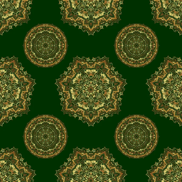 Vector Seamless Golden Christmas Ornament Pattern Glittering Background Illustration Green — Stock Vector