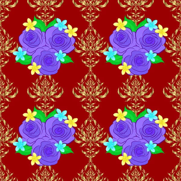 ベクトルバラの花と緑の葉のパターンを繰り返します 赤を基調としたモダンなモトリーの花のシームレスなパターン Print — ストックベクタ