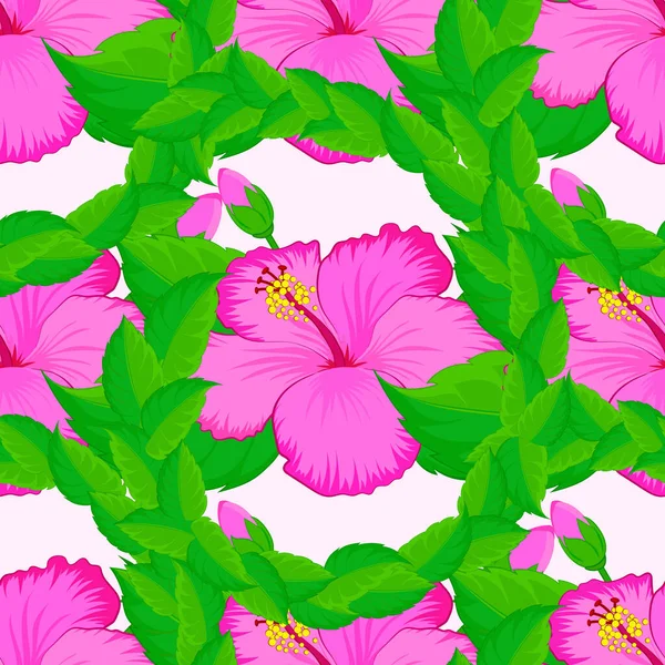 Naadloze Hand Getekende Vector Hibiscus Bloem Patroon Een Beige Achtergrond — Stockvector