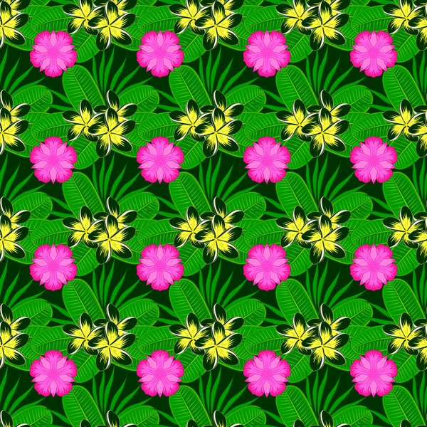 Nahtloses Hintergrundmuster Mit Tropischen Blumen Und Blättern Auf Grünem Hintergrund — Stockvektor