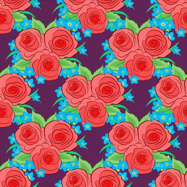 Floraler Hintergrund Nahtloses Vektormuster Auf Lila Hintergrund Mit Niedlichen Rosenblüten — Stockvektor