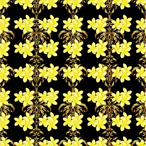 Vector seamless pattern with plumeria flowers and gold on black background. Floral background with watercolor effect. Textile print for bed linen, jacket, package design, fabric and fashion concepts.