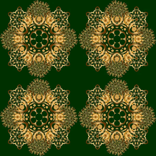 Floral Tiles Green Golden Textile Print Seamless Pattern Oriental Ornament — Stock Vector