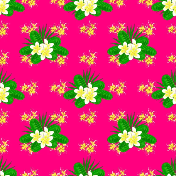 Vector Naadloze Bloemenpatroon Met Plumeria Bloemen Bladeren Een Magenta Achtergrond — Stockvector