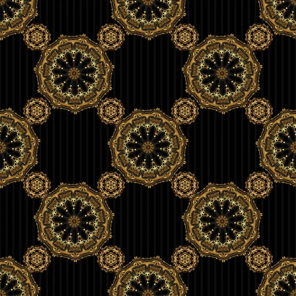 ヴィンテージシームレスな花のパターン インテリアのための装飾 黒の背景に手作りのベクトル黄金の要素 — ストックベクタ