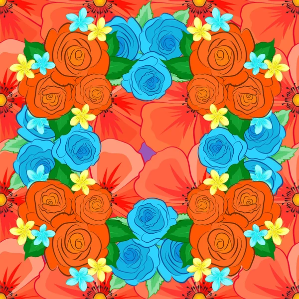 デニムシームレスパターン デニムの花の背景 青いジーンズの布 ベクトル型のバラと緑の葉 オレンジ 赤のバラの花のジーンズの背景 — ストックベクタ