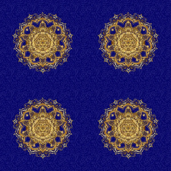 波希米亚装饰元素 印度指甲花图案 复古圆形装饰蓝色 曼达拉黄金 部落的古老背景与奖章 藏传佛教的抽象艺术模式 — 图库矢量图片