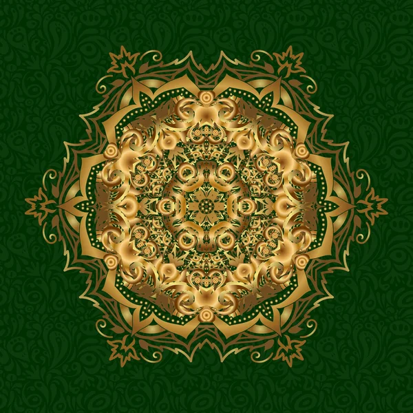 Dekorativ Verziertes Rundes Mandala Jahrgangsvektormuster Gold Über Grün Einladung Hochzeitskarte — Stockvektor
