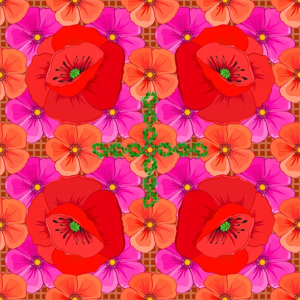 Frühlingspapier Mit Niedlichen Mohnblüten Orange Magenta Und Rot Florales Nahtloses — Stockvektor