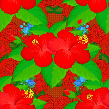 Duvar kağıdı, web sitesi arka planı ve ambalaj kağıdı için kusursuz çiçek deseni kullanılabilir. Vektör çiçek konsepti. Yaprak doğal deseni kırmızı, yeşil ve turuncu renklerde. Yaz tasarımı.