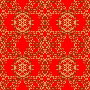 Altın süslemeli ve kırmızı arka planlı vektör çiçekli zarif bir davetiye kartı. Altın gradyanı olan klasik dikişsiz desen.