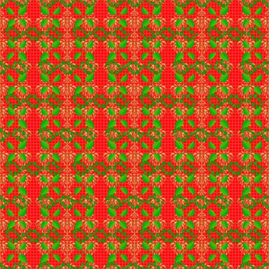 Retro tekstil tasarım koleksiyonu. Kırmızı arka planda çiçek açan ipek eşarp. El çizimi çiçek unsurları olan soyut, dikişsiz raster deseni. Sonbahar renkleri. 1950 'ler-1960' lar motifleri.