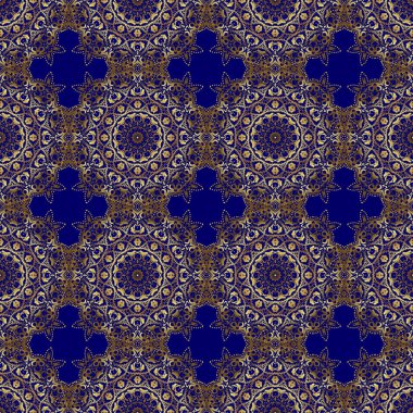 Altın süslemeli klasik tasarım. Mavi bir arkaplan üzerinde altın süslemeleri olan kusursuz desenli soyut vektör..