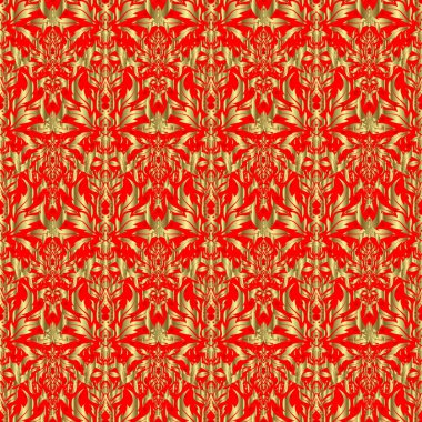Kırmızı ve altın desenli. Oriental vektör klasik şablon. Kırmızı arkaplanda altın tekrarlayan elementlerle kusursuz soyut desen.