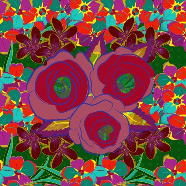 Vektör çizimi. Parlak güzel gül çiçekleri ve dikişsiz yeşil yapraklar. Mavi, kırmızı ve mor renklerde soyut, sevimli çiçek deseni.