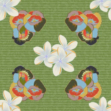 Gri, turuncu ve yeşil renklerde dekoratif tesisat çiçekleri olan etnik, pürüzsüz desenler. Vektör illüstrasyonu.