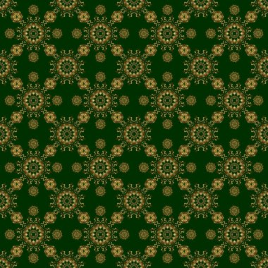 Doğu tarzında klasik altın elementler. Altın süslemeli vektör desenli. Duvar kâğıdı için altın süslü bir illüstrasyon. Yeşil arka planda geleneksel Arap dekorasyonu. Süslü dantel iz sürücü.